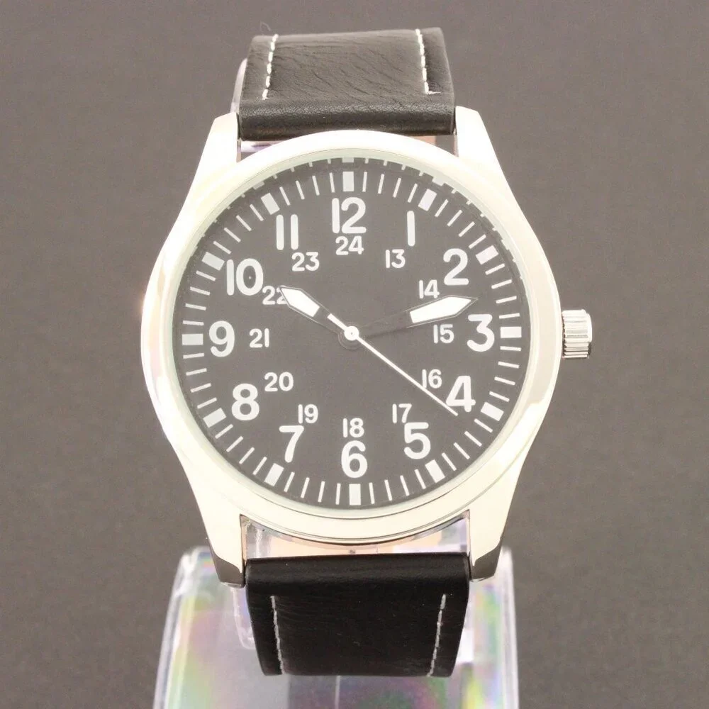 Men's Quartz Field Watch Silver Case Black Leather Strap 42mm - Picture 3 of 12
